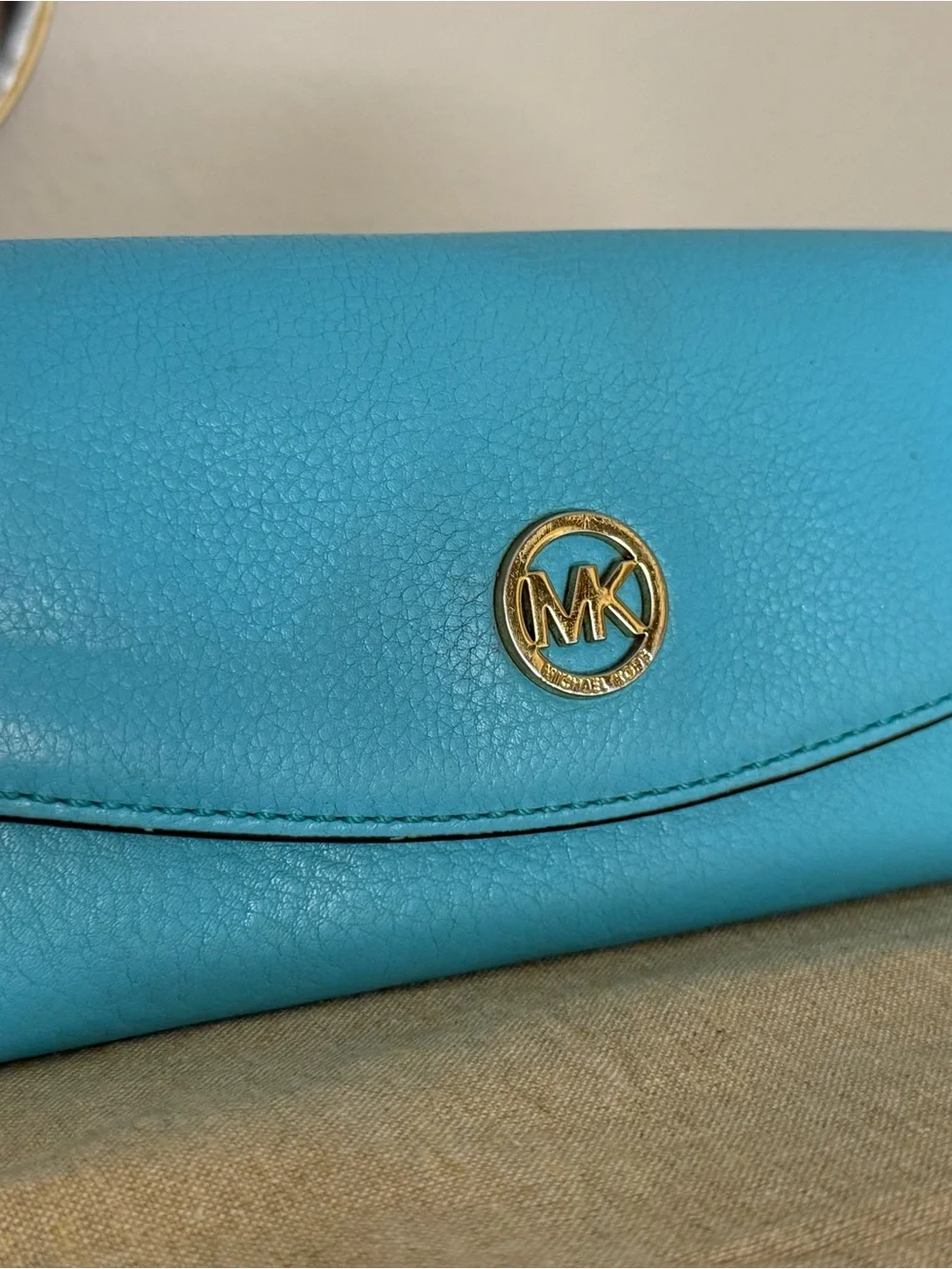 Michael Kors Turquoise Pebbled Leather Flap Wallet with Gold MK Emblem Limited